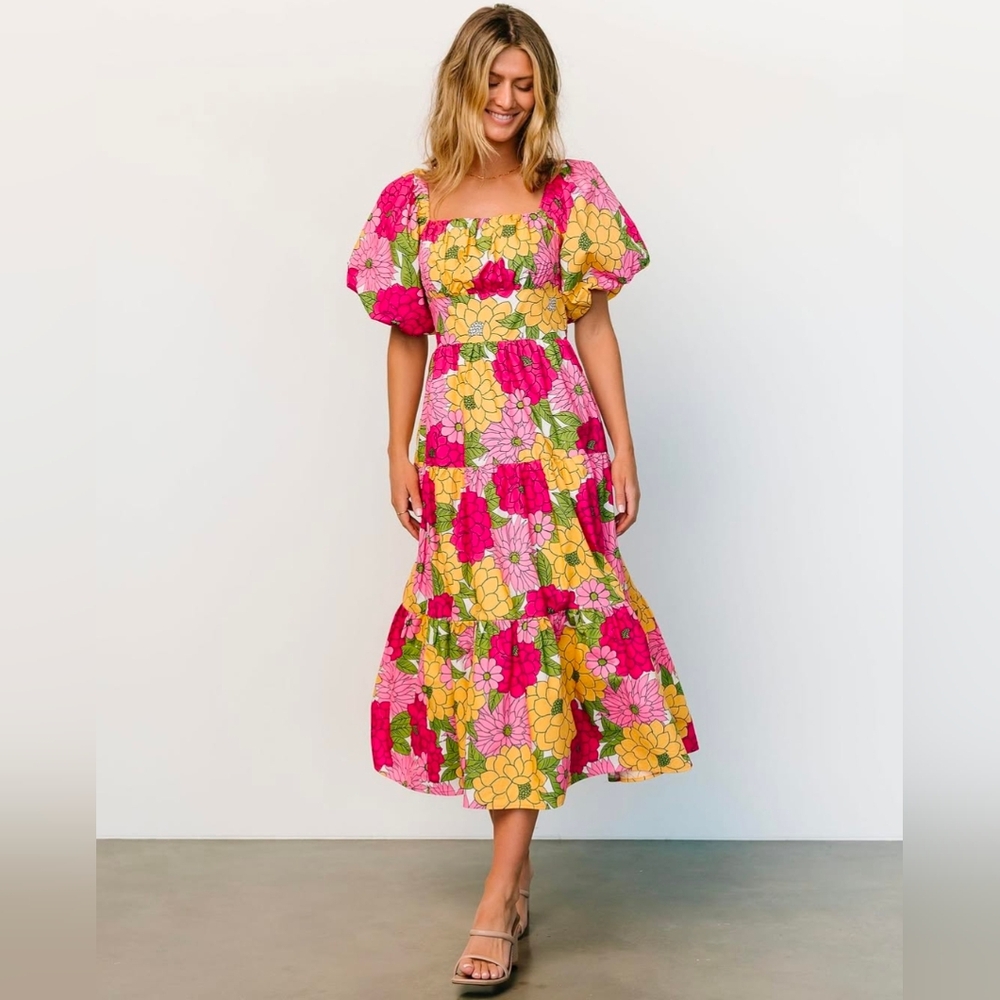 Baltic Born Pink Yellow Floral Midi Dress